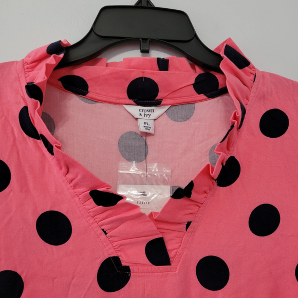 NWT Crown & Ivy Women's Ruffle Trim Pink Polka Dot Blouse Top Size Large Petite - Picture 2 of 11